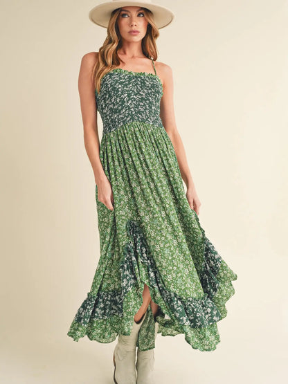 Two Tone Green Floral Ruffle Dress with Cris-Cross Back