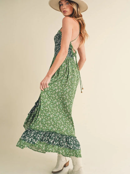 Two Tone Green Floral Ruffle Dress with Cris-Cross Back