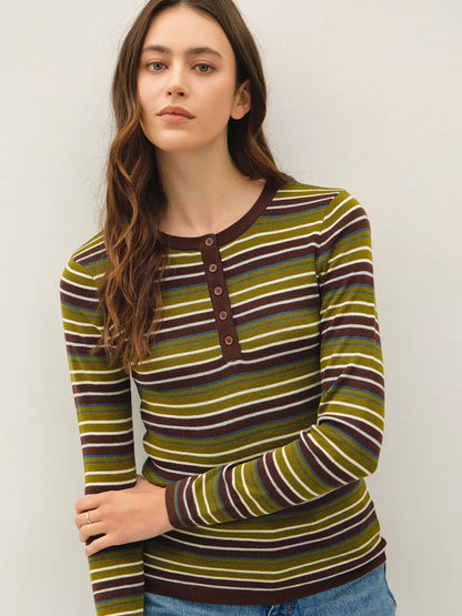 Green and Brown Stripe Henley Sweater Top
