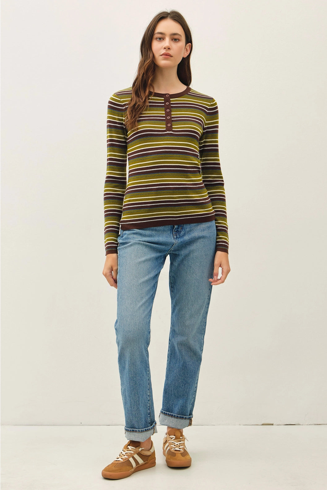Green and Brown Stripe Henley Sweater Top