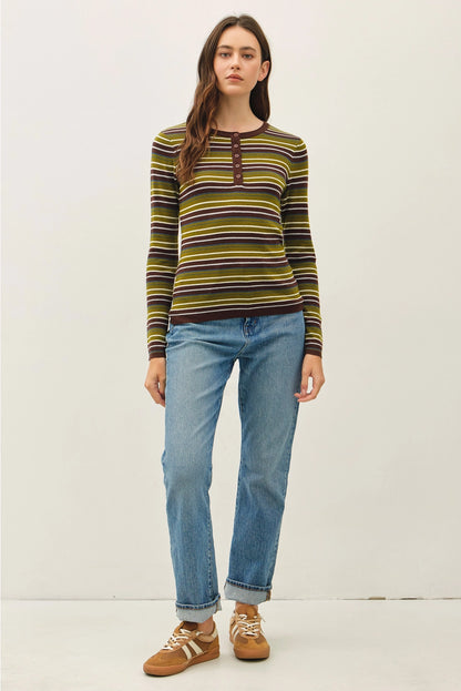 Green and Brown Stripe Henley Sweater Top