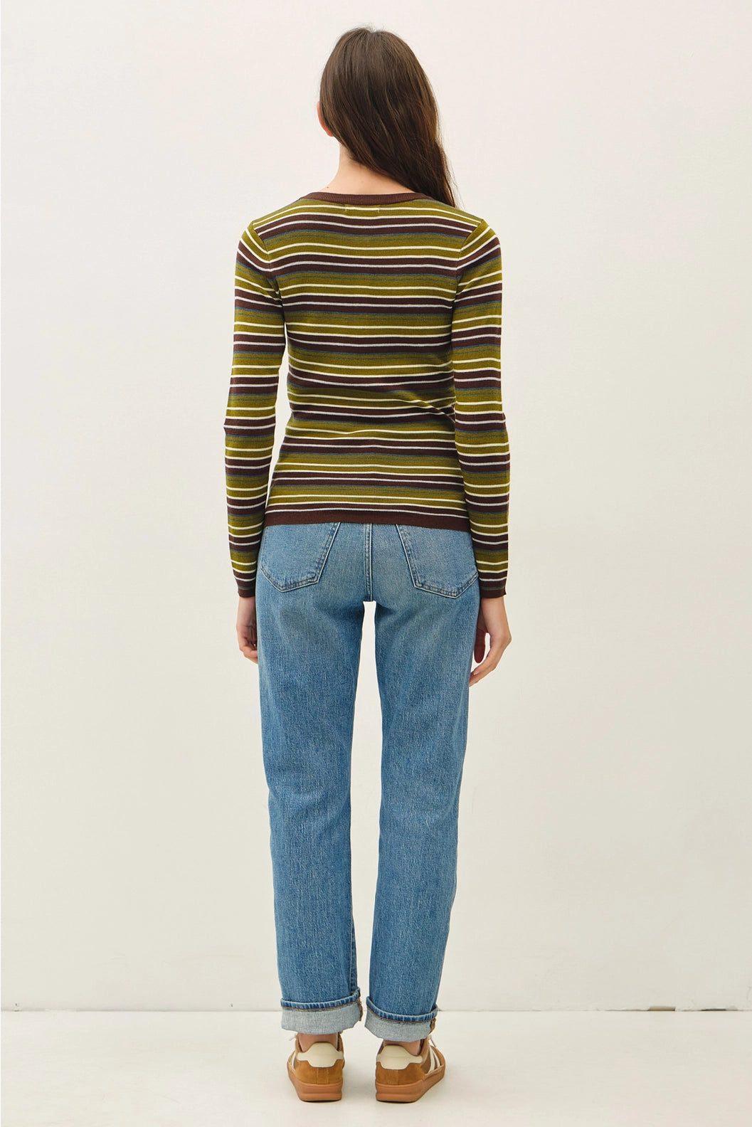 Green and Brown Stripe Henley Sweater Top