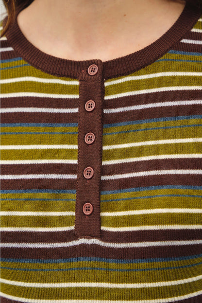 Green and Brown Stripe Henley Sweater Top