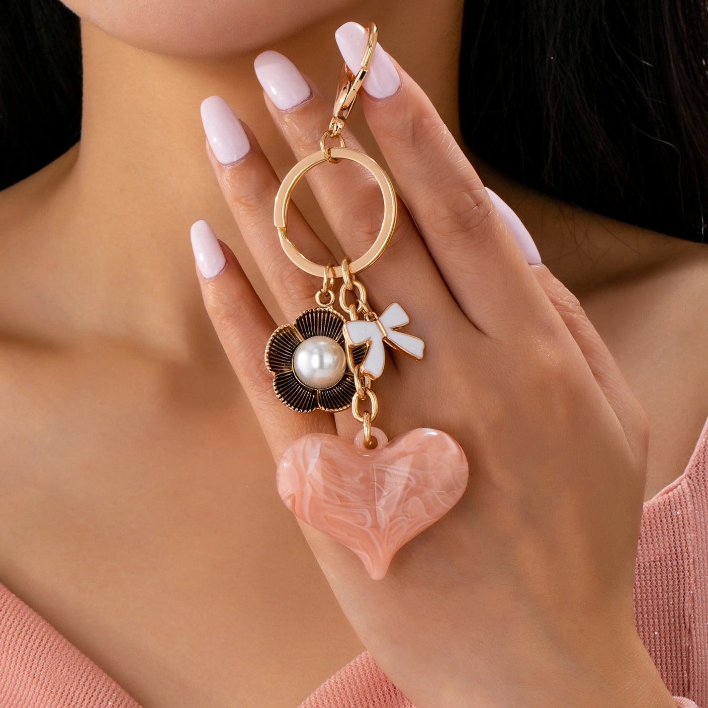 Marbled Heart Bag Charm Pink