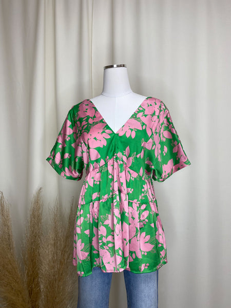 Green Pink Floral Summer Top