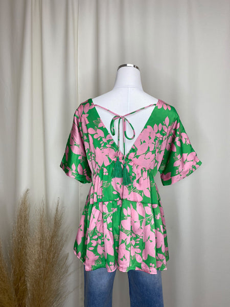 Green Pink Floral Summer Top