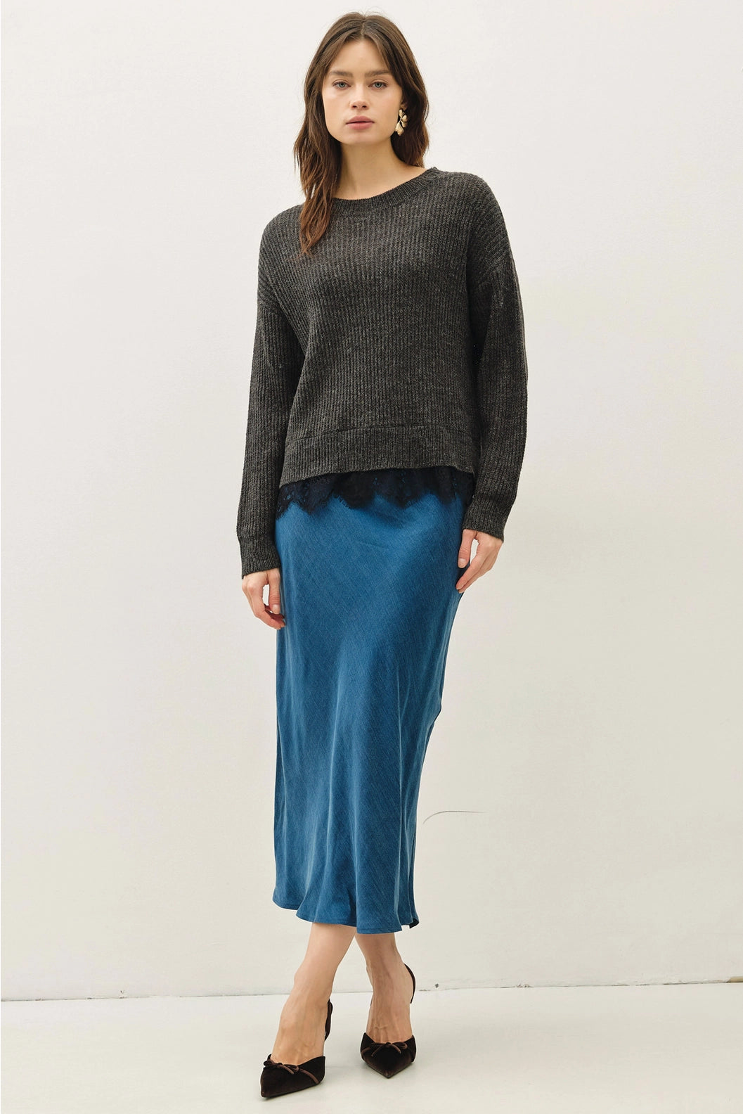 Scalloped Lace Hem Sweater Grey