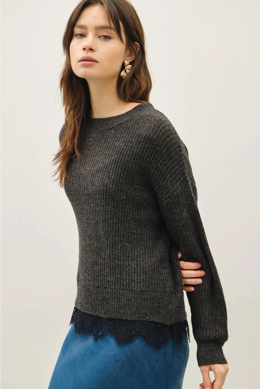 Scalloped Lace Hem Sweater Grey