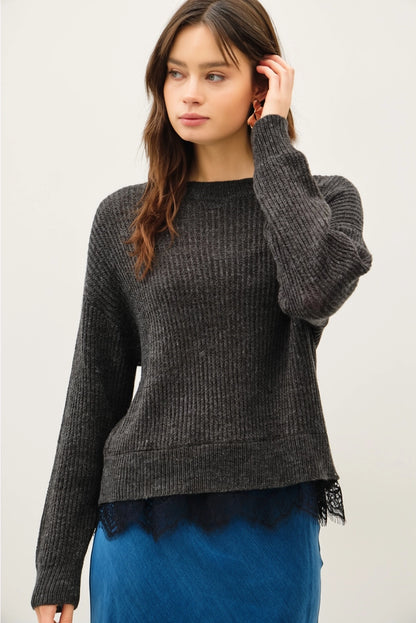 Scalloped Lace Hem Sweater Grey