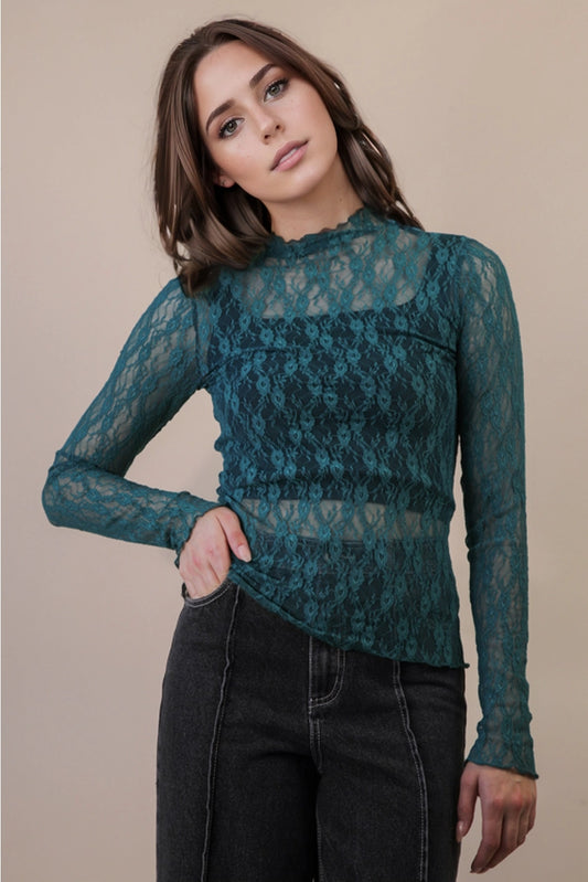 Teal Mesh Lace Knit Top