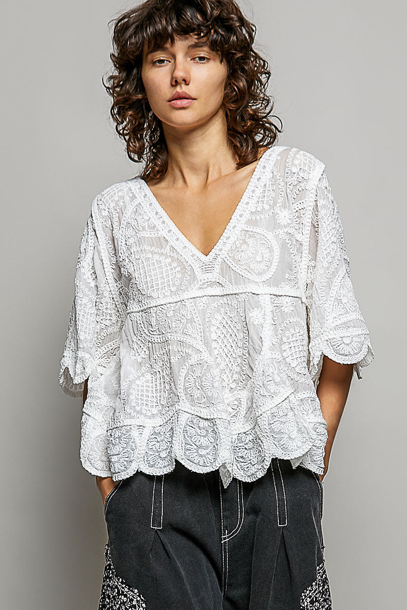Beautiful Crochet V Neck Blouse - One Size