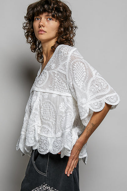 Beautiful Crochet V Neck Blouse - One Size