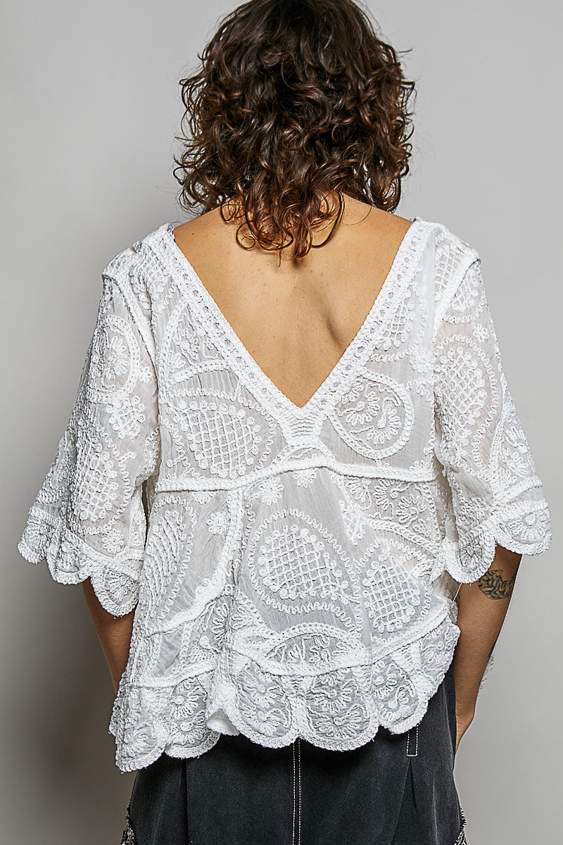 Beautiful Crochet V Neck Blouse - One Size