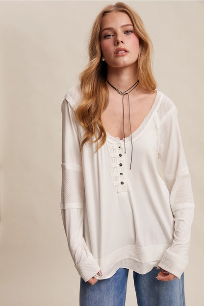 Textured Button Henley Cream