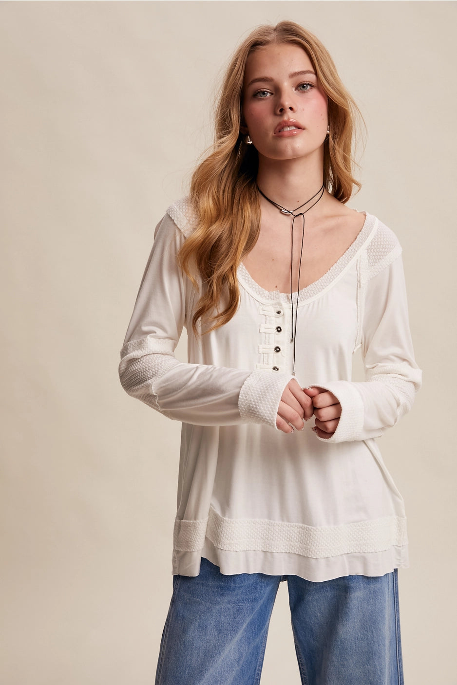 Textured Button Henley Cream