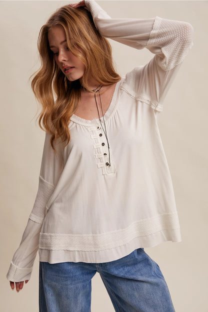 Textured Button Henley Cream