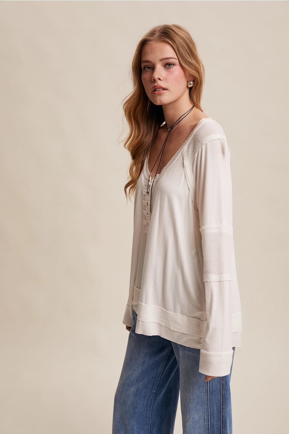 Textured Button Henley Cream