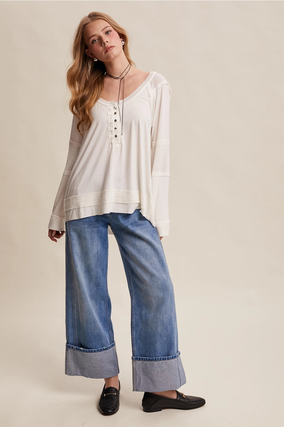 Textured Button Henley Cream