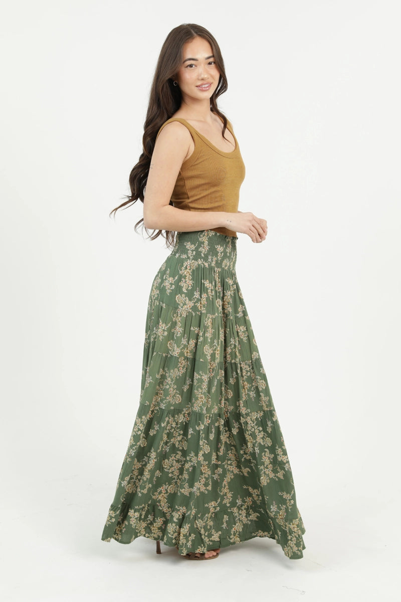 Dainty Floral Olive Maxi Skirt
