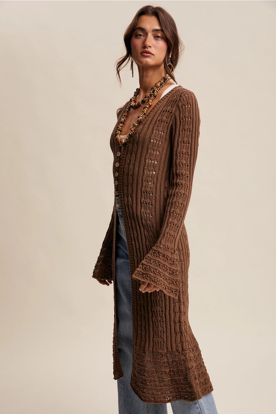 Long Crochet Cardigan Brown