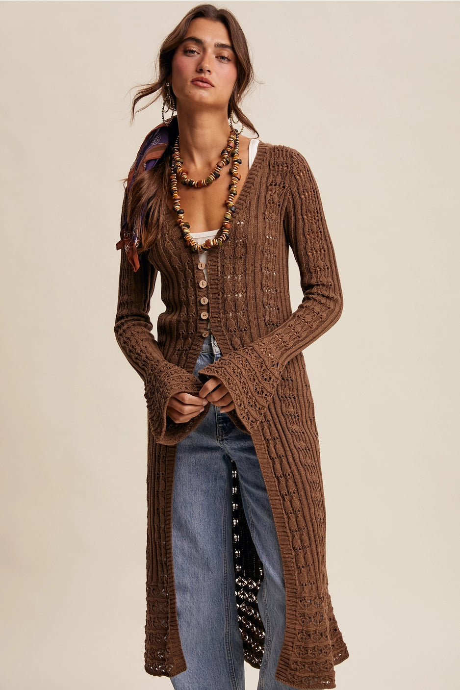 Long Crochet Cardigan Brown