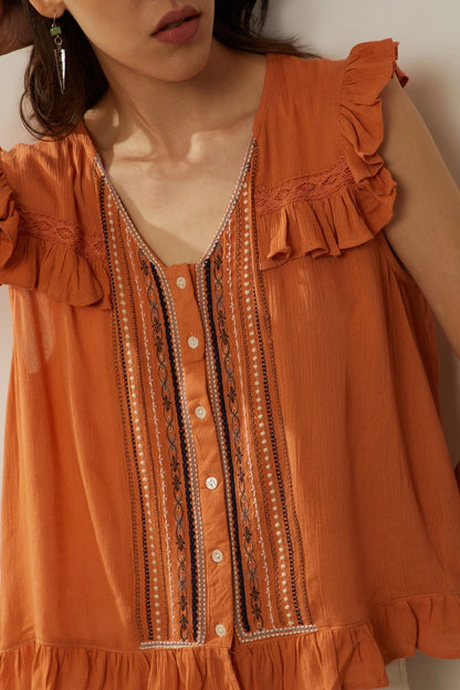 Sunny Embroidered Frill Sleeve Blouse