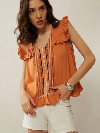 Sunny Embroidered Frill Sleeve Blouse