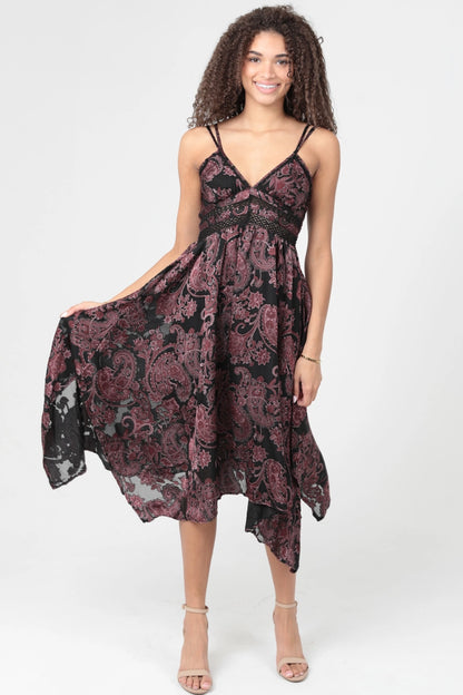 Paisley Burnout Lace Trim Midi Dress
