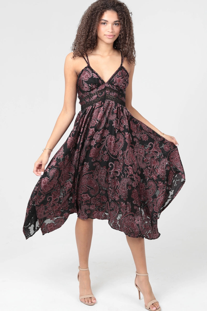 Paisley Burnout Lace Trim Midi Dress