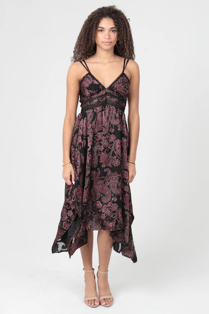 Paisley Burnout Lace Trim Midi Dress