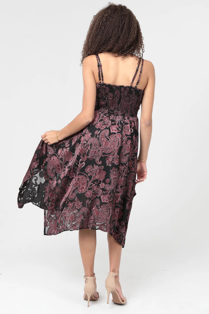 Paisley Burnout Lace Trim Midi Dress