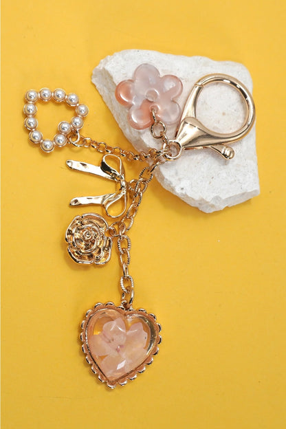 Pearl Heart Layered Bag Charm with Bow and Flower