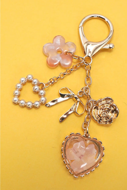 Pearl Heart Layered Bag Charm with Bow and Flower