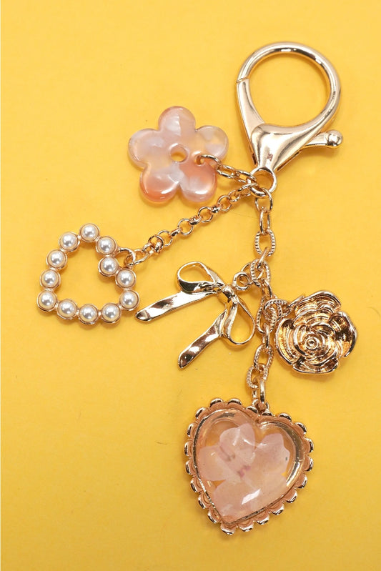 Pearl Heart Layered Bag Charm with Bow and Flower