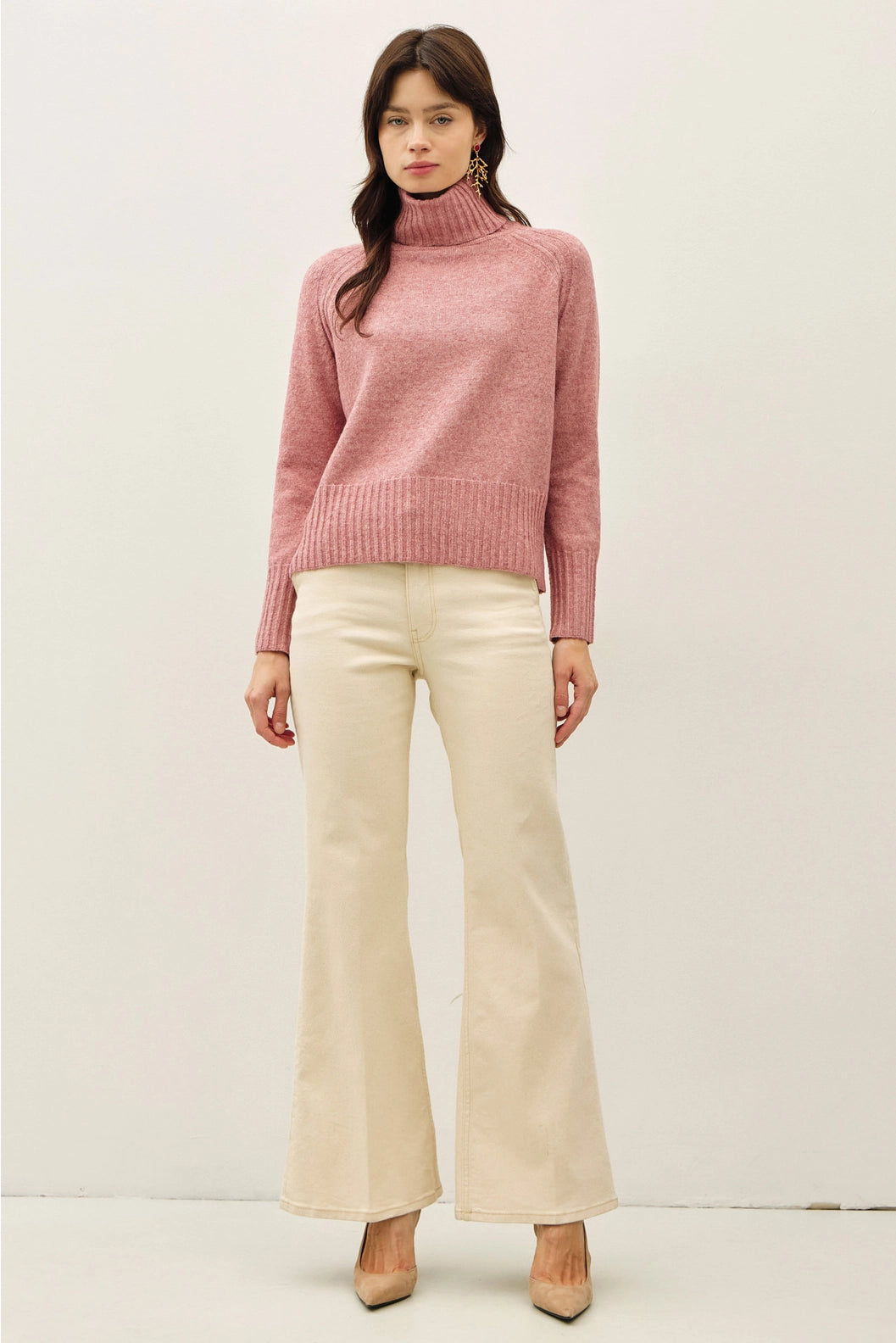 Wide Trim Turtleneck Sweater - Rose