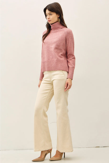 Wide Trim Turtleneck Sweater - Rose