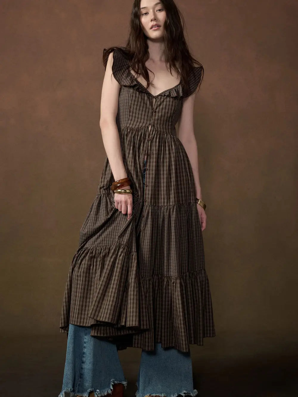 PRO Plaid Button Front Midi Dress