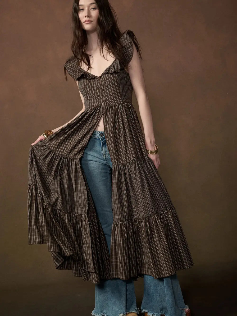PRO Plaid Button Front Midi Dress