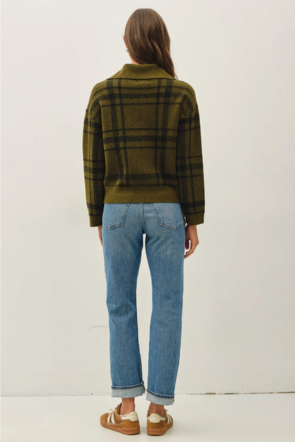 Plaid High Neck Sweater Jacket Olive