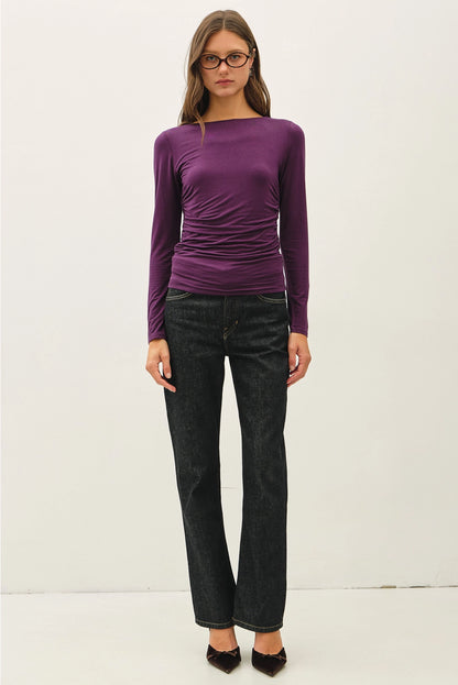 Boat Neck Shirred Waist Top Eggplant