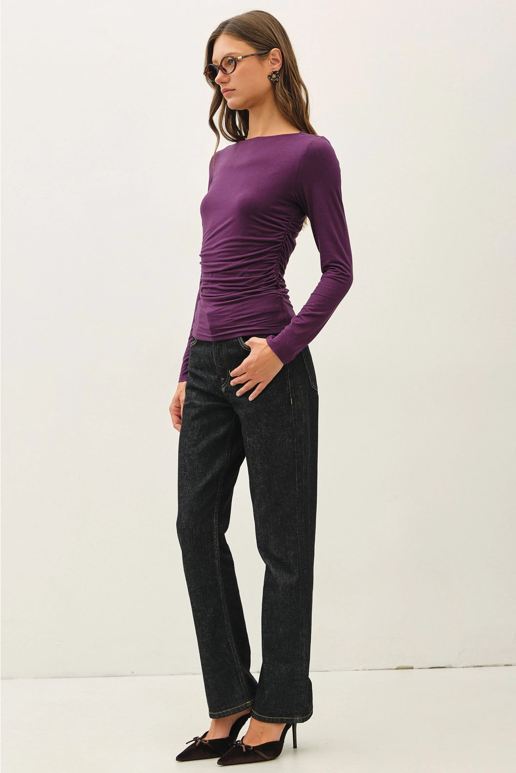 Boat Neck Shirred Waist Top Eggplant