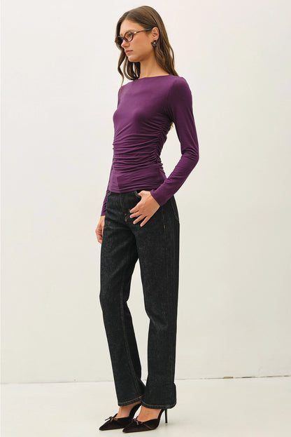 Boat Neck Shirred Waist Top Eggplant
