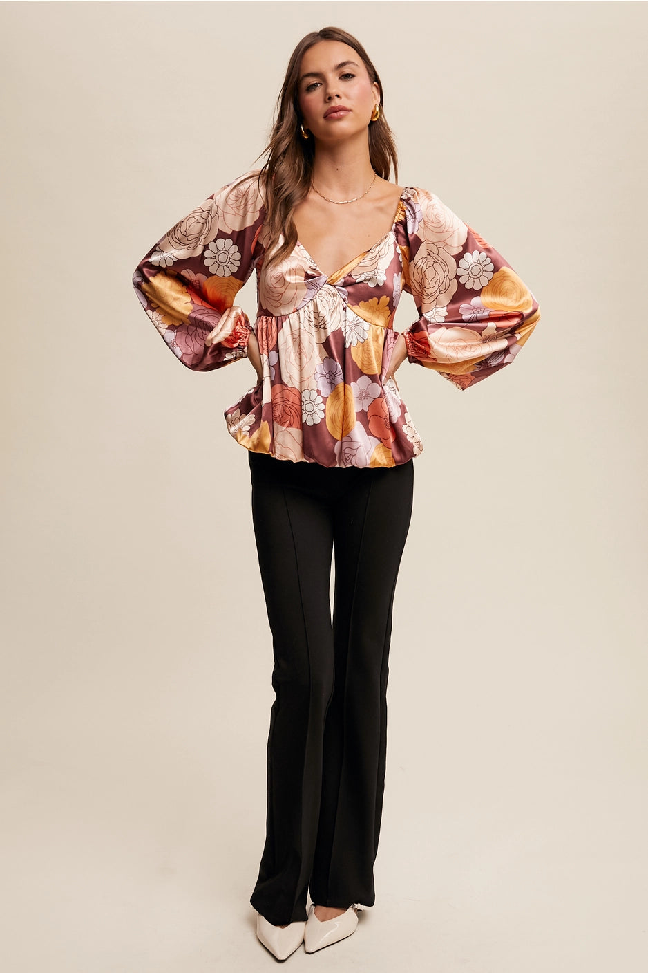 Floral Satin Blouse with Balloon Sleeve