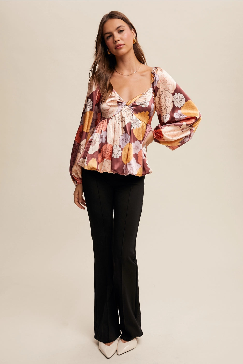 Floral Satin Blouse with Balloon Sleeve