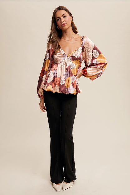 Floral Satin Blouse with Balloon Sleeve