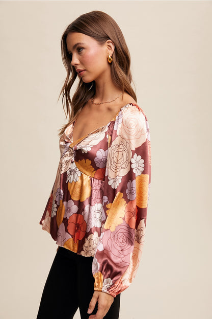 Floral Satin Blouse with Balloon Sleeve