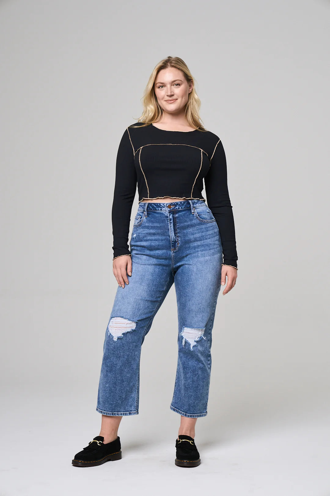 High Rise Rip Knee Straight Leg Jeans