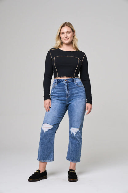 High Rise Rip Knee Straight Leg Jeans