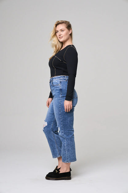 High Rise Rip Knee Straight Leg Jeans