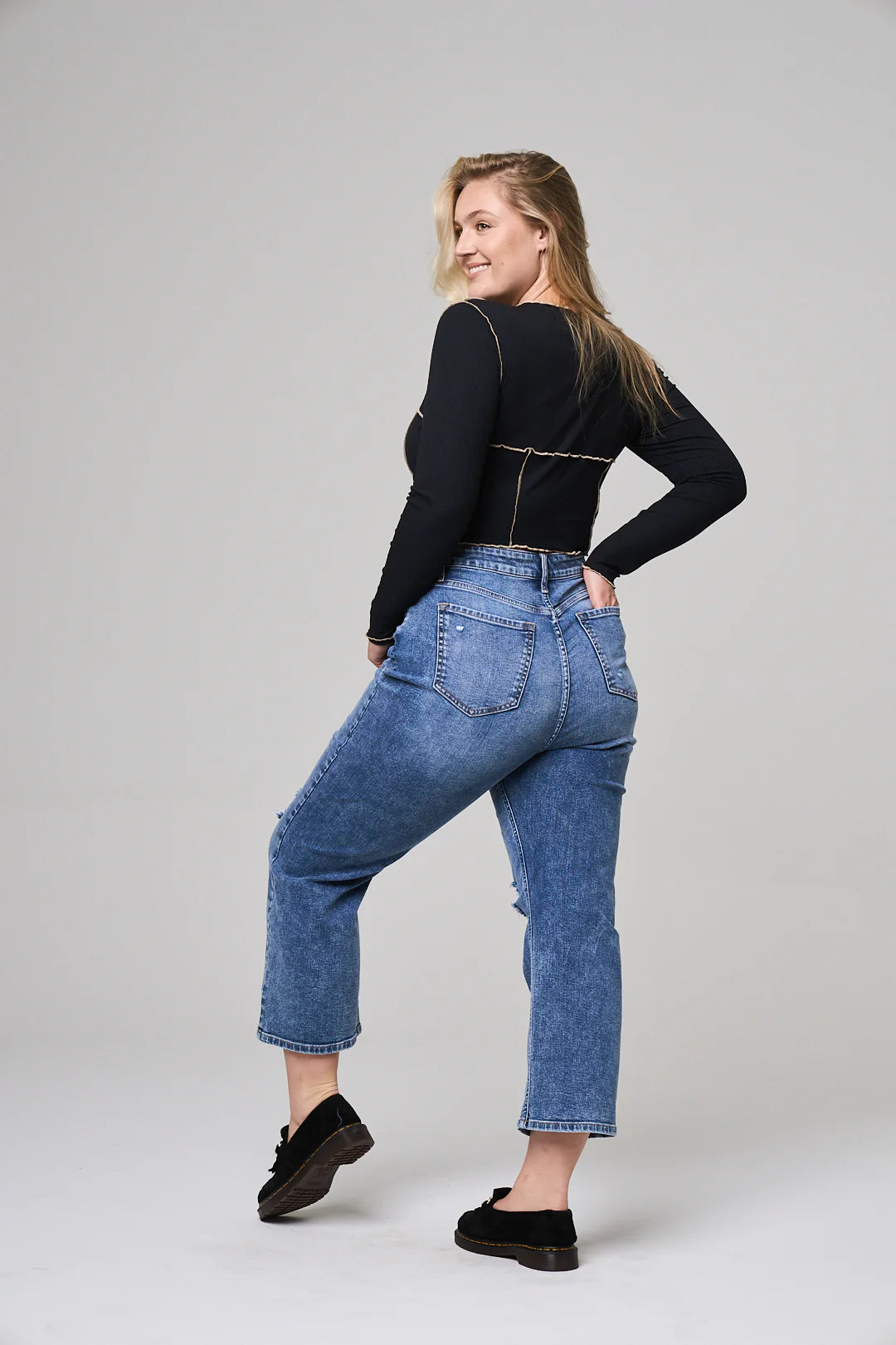High Rise Rip Knee Straight Leg Jeans